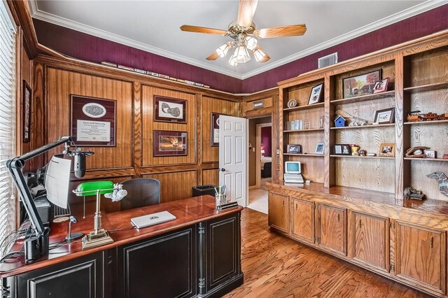 5918 Woodmere Dr, Corpus Christi, TX 78414 - office featuring ceiling fan, light wood-style flooring, and crown molding
