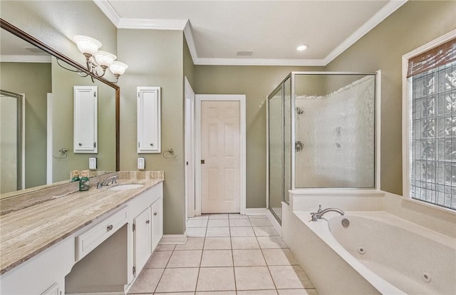 5918 Woodmere Dr, Corpus Christi, TX 78414 - full bathroom featuring vanity, a tub with jets, a stall shower, tile patterned flooring, and ornamental molding