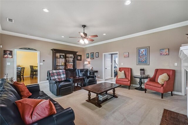 5918 Woodmere Dr, Corpus Christi, TX 78414 - carpeted living room with a ceiling fan, baseboards, recessed lighting, crown molding, and a fireplace