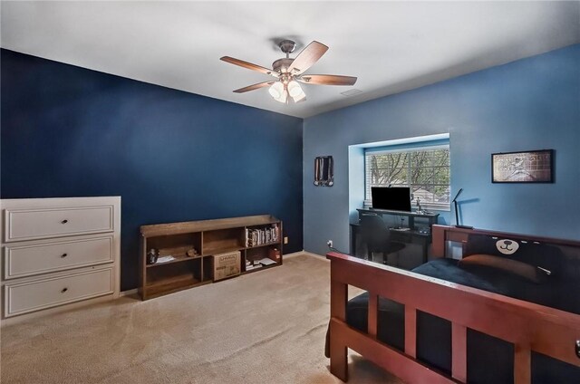 5918 Woodmere Dr, Corpus Christi, TX 78414 - bedroom with carpet floors, a ceiling fan, an office area, and baseboards