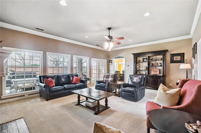 5918 Woodmere Dr, Corpus Christi, TX 78414 - living room with carpet flooring, ornamental molding, recessed lighting, and ceiling fan