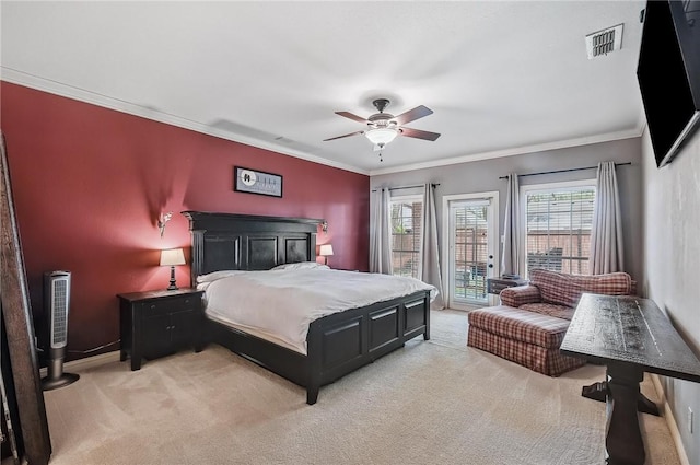 5918 Woodmere Dr, Corpus Christi, TX 78414 - bedroom with light colored carpet, access to outside, crown molding, a ceiling fan, and baseboards