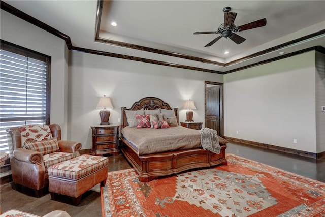 bedroom with ceiling fan, a raised ceiling, and crown molding