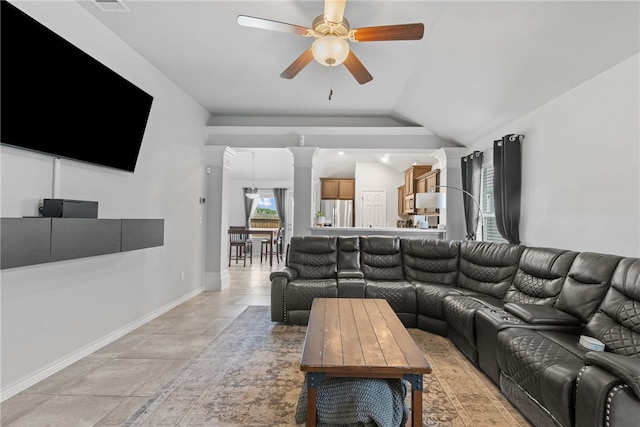 6734 Mikayla St, Corpus Christi, TX 78413 - living area featuring ceiling fan, decorative columns, and vaulted ceiling
