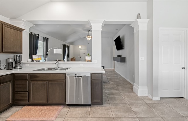 6734 Mikayla St, Corpus Christi, TX 78413 - kitchen featuring dishwasher, lofted ceiling, ceiling fan, ornate columns, and light countertops