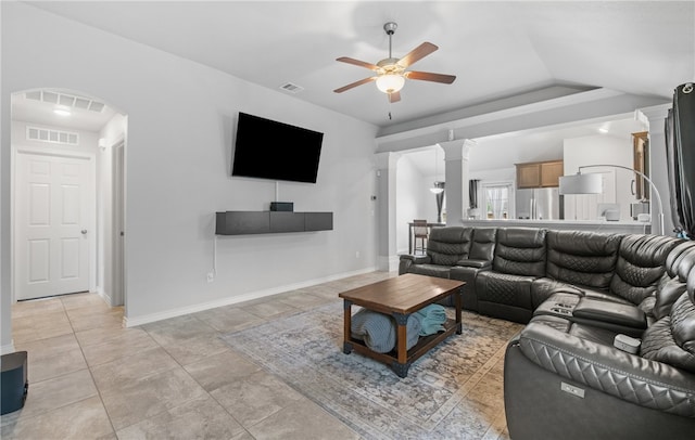 6734 Mikayla St, Corpus Christi, TX 78413 - living room with ceiling fan, ornate columns, arched walkways, and lofted ceiling