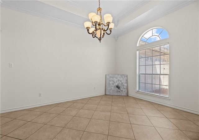 tiled empty room with crown molding and an inviting chandelier