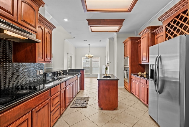 kitchen with backsplash, ornamental molding, light tile patterned floors, appliances with stainless steel finishes, and a chandelier