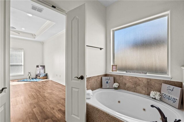 bathroom featuring tile patterned flooring, vanity, ceiling fan, and shower with separate bathtub