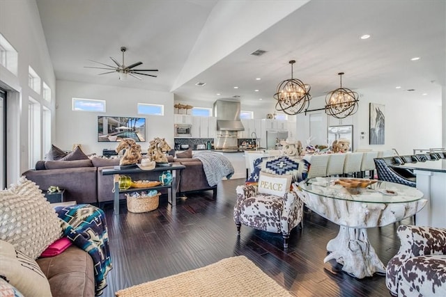 602 Banyan Beach Dr, Port Aransas, TX 78373 - living room with ceiling fan, a chandelier, wood finished floors, and recessed lighting