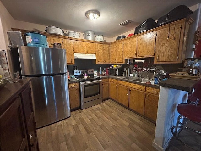 kitchen with appliances with stainless steel finishes, light hardwood / wood-style flooring, and sink