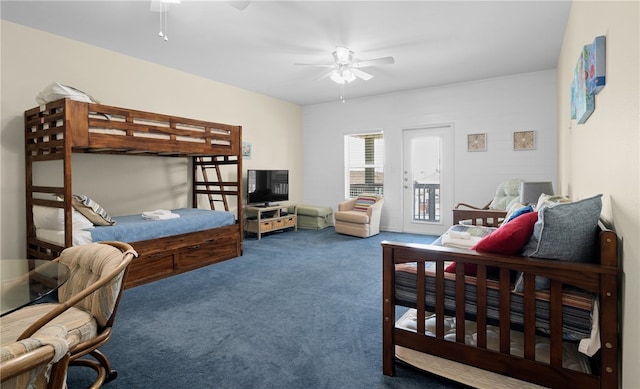 bedroom featuring carpet flooring, ceiling fan, and access to exterior