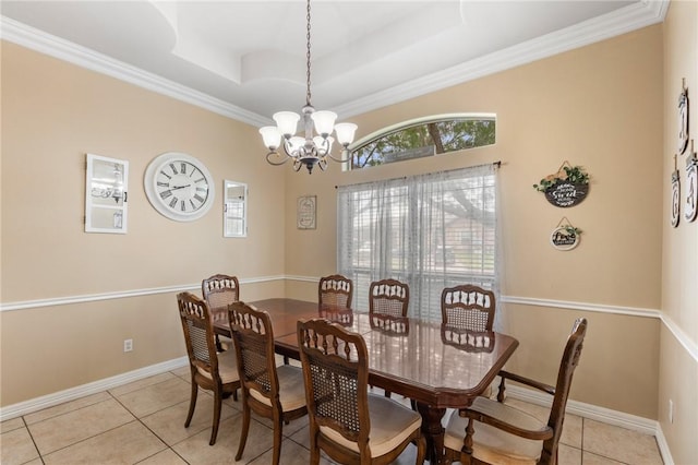 6814 Boardwalk Ave, Corpus Christi, TX 78414 - dining area featuring light tile patterned floors, a raised ceiling, ornamental molding, and a chandelier