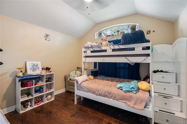 6814 Boardwalk Ave, Corpus Christi, TX 78414 - bedroom with a ceiling fan, baseboards, wood finished floors, and lofted ceiling