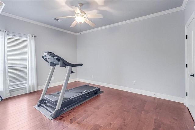 workout room featuring visible vents, baseboards, ceiling fan, ornamental molding, and wood finished floors