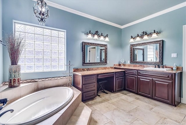 bathroom featuring vanity, a garden tub, and crown molding