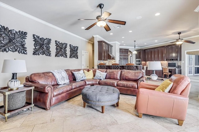 living room featuring visible vents, recessed lighting, ceiling fan, and ornamental molding