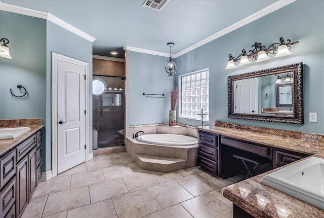 full bathroom with visible vents, two vanities, a shower stall, crown molding, and a bath