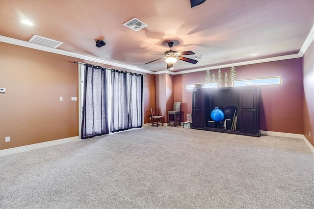 unfurnished living room with visible vents, baseboards, carpet, and ornamental molding