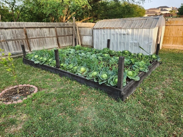 view of yard featuring an exterior structure, an outbuilding, a garden, and a fenced backyard