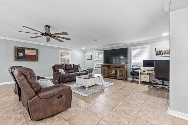 tiled living room with ceiling fan and crown molding