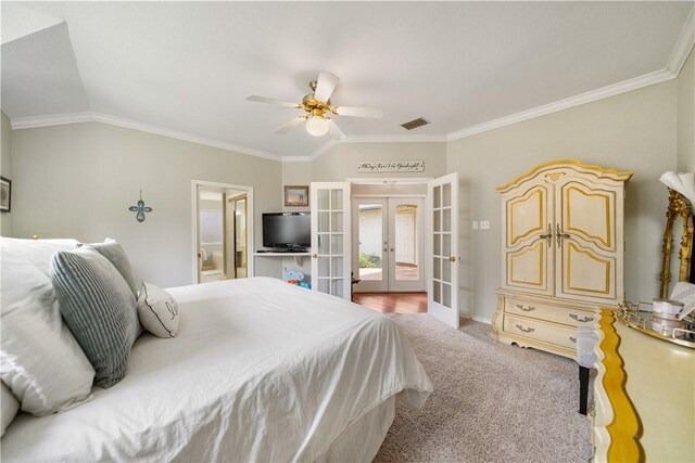 4442 Lake Superior Dr, Corpus Christi, TX 78413 - carpeted bedroom with french doors, crown molding, access to outside, ensuite bathroom, and baseboards