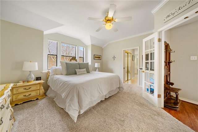 4442 Lake Superior Dr, Corpus Christi, TX 78413 - bedroom featuring lofted ceiling, light wood-style floors, ceiling fan, ornamental molding, and baseboards