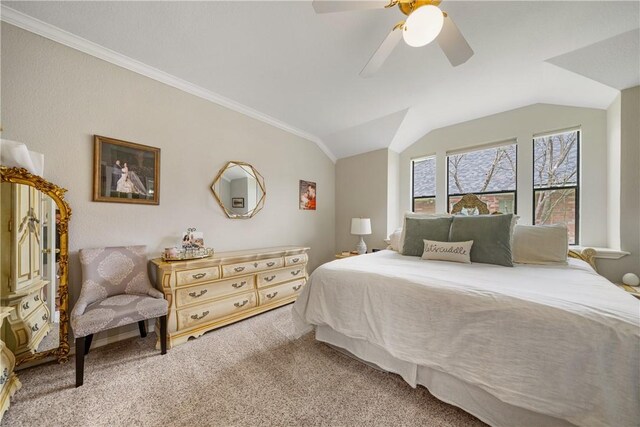 4442 Lake Superior Dr, Corpus Christi, TX 78413 - carpeted bedroom with crown molding, lofted ceiling, and a ceiling fan