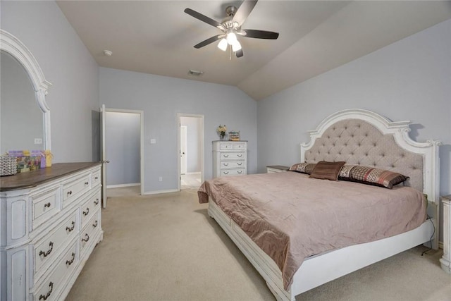 6517 Macarena Dr, Corpus Christi, TX 78414 - bedroom with baseboards, visible vents, light colored carpet, lofted ceiling, and a ceiling fan