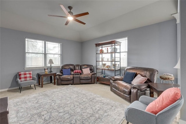 6517 Macarena Dr, Corpus Christi, TX 78414 - carpeted living area with lofted ceiling, ceiling fan, and a healthy amount of sunlight
