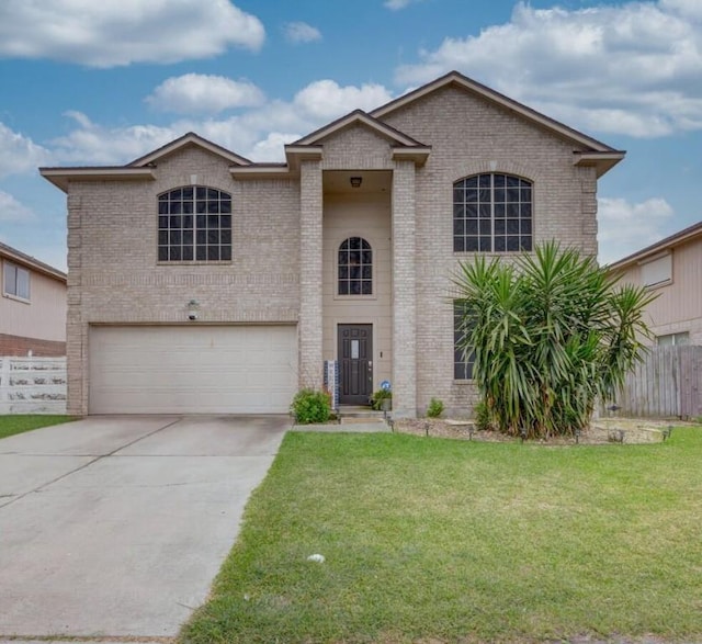 6517 Macarena Dr, Corpus Christi, TX 78414 - traditional home featuring a front lawn, driveway, fence, a garage, and brick siding