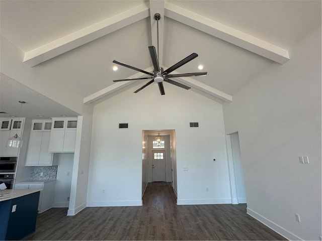 13741 Tajamar St, Corpus Christi, TX 78418 - kitchen featuring beamed ceiling, white cabinetry, light countertops, high vaulted ceiling, and open floor plan