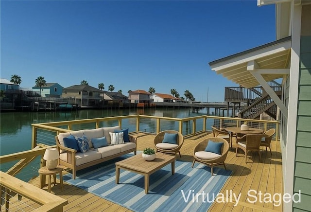 13741 Tajamar St, Corpus Christi, TX 78418 - wooden terrace featuring a water view, an outdoor living space, and stairs