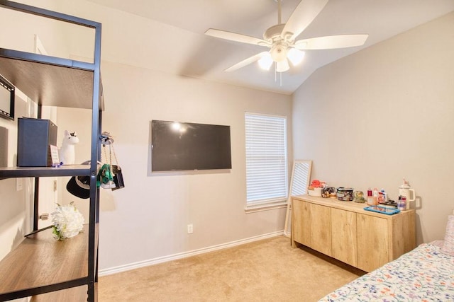 carpeted bedroom with lofted ceiling and ceiling fan