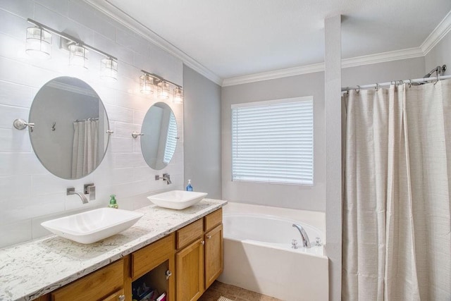 bathroom featuring crown molding, shower with separate bathtub, vanity, and backsplash