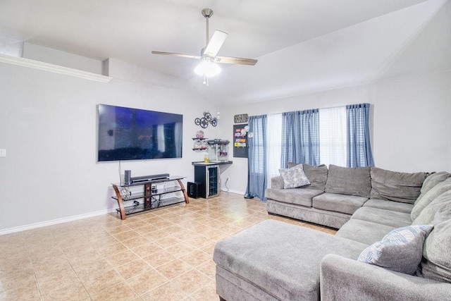 living room featuring light tile patterned flooring and ceiling fan