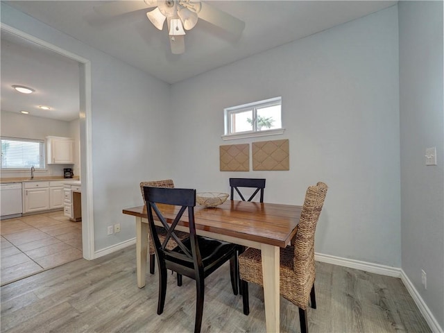 dining area featuring ceiling fan, light wood-type flooring, and sink