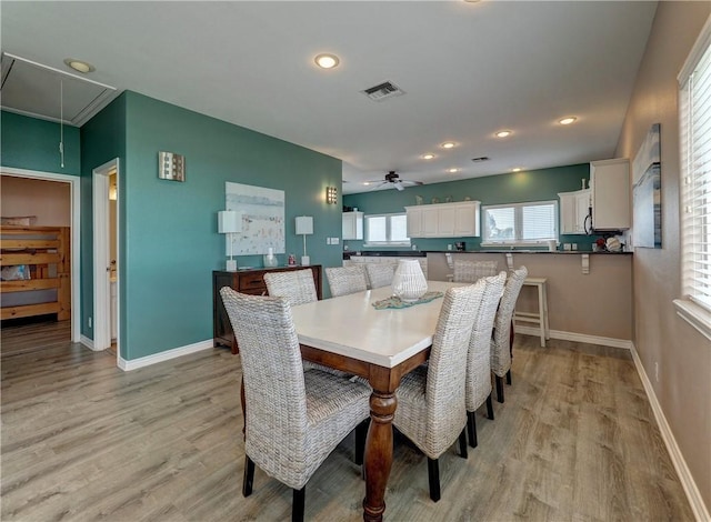 dining room with ceiling fan and light hardwood / wood-style floors