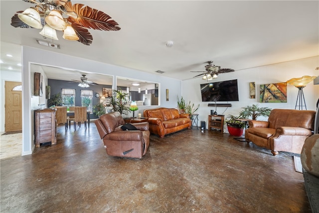 living room with ceiling fan