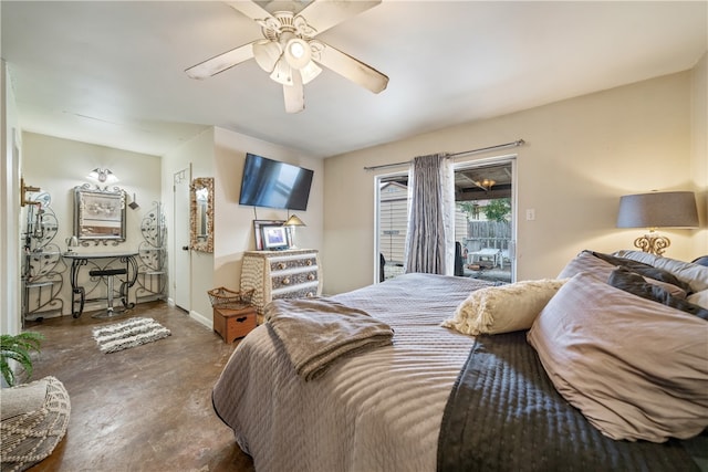 bedroom featuring ceiling fan and access to outside