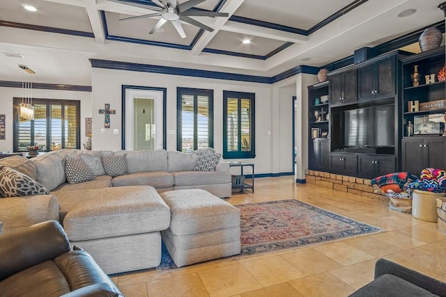 tiled living room with beamed ceiling, ceiling fan, ornamental molding, and coffered ceiling