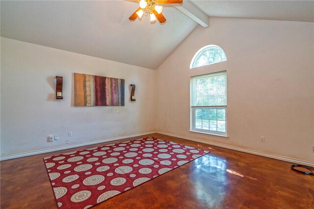4102 Castle Valley Dr, Corpus Christi, TX 78410 - spare room with a ceiling fan, beam ceiling, baseboards, and high vaulted ceiling