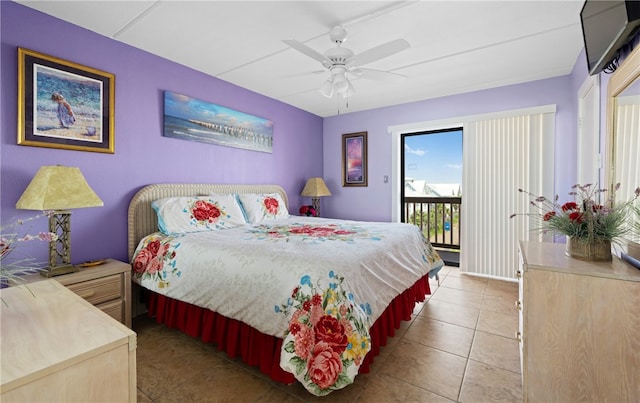 tiled bedroom with access to exterior and ceiling fan