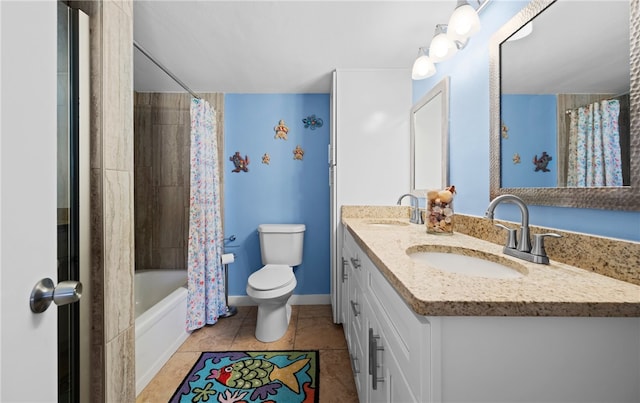 full bathroom with tile patterned flooring, vanity, toilet, and shower / tub combo with curtain