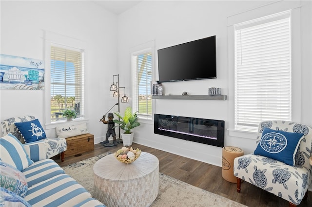 living area featuring baseboards, wood finished floors, and a glass covered fireplace