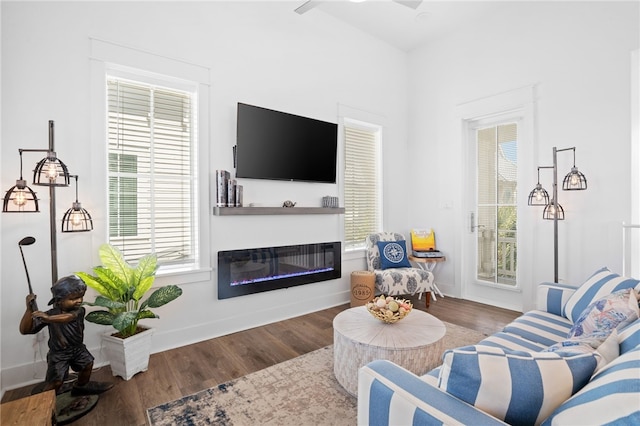 living room featuring baseboards, wood finished floors, and a glass covered fireplace