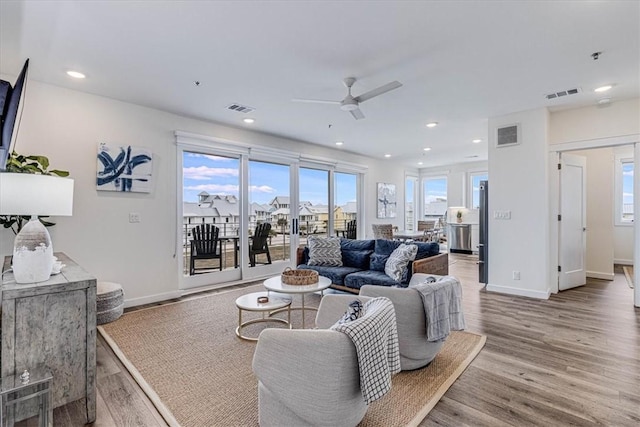 living room with wood-type flooring and ceiling fan