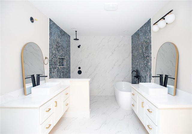 bathroom featuring tile walls, vanity, and plus walk in shower