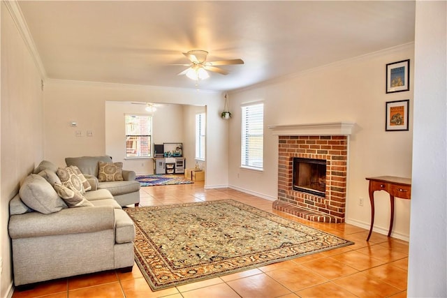 2821 Quebec Dr, Corpus Christi, TX 78414 - living area featuring light tile patterned flooring, a ceiling fan, crown molding, and a fireplace