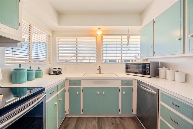 kitchen featuring appliances with stainless steel finishes, sink, and dark hardwood / wood-style floors